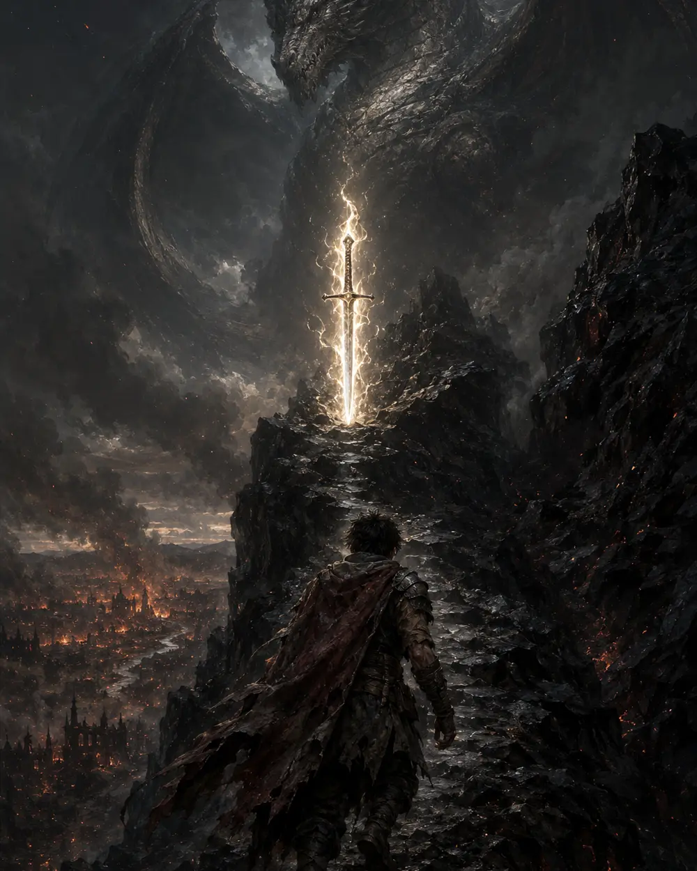 A young soldier climbing toward a dragon above the ruins of his village