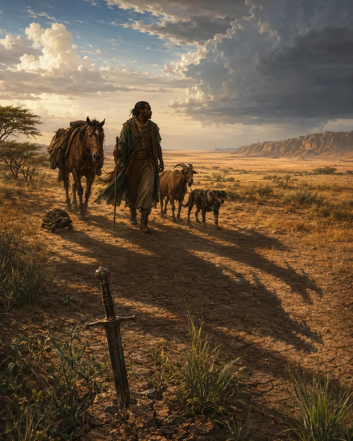 A Horseman crossing the savanna beside animal companions whose shadows form a dragon