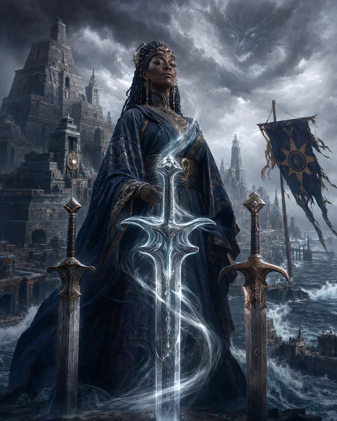 A woman king standing above a storm-bound temple city with three swords