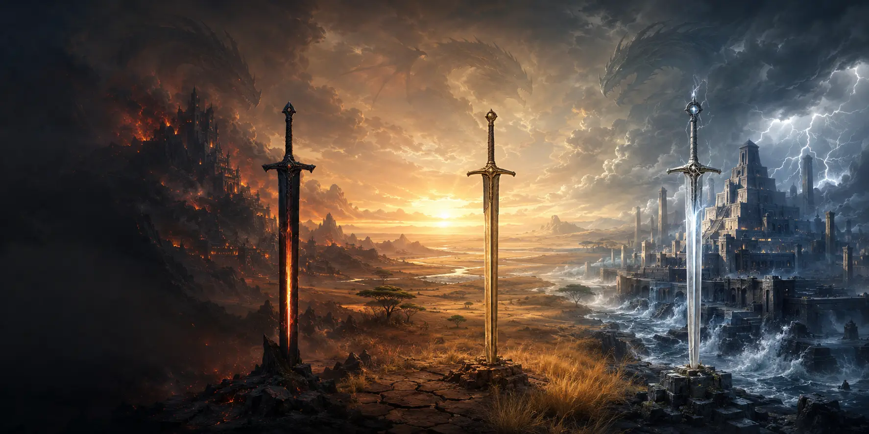 Three fantasy realms of iron fire, savanna soil and a storm-bound maritime city, each guarded by a sword